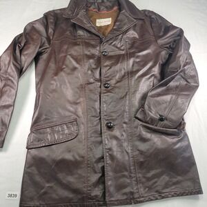 Vtg Royal Knight Mens Brown Leather Faux Fur Lined Long Winter Coat Jacket Sz 40